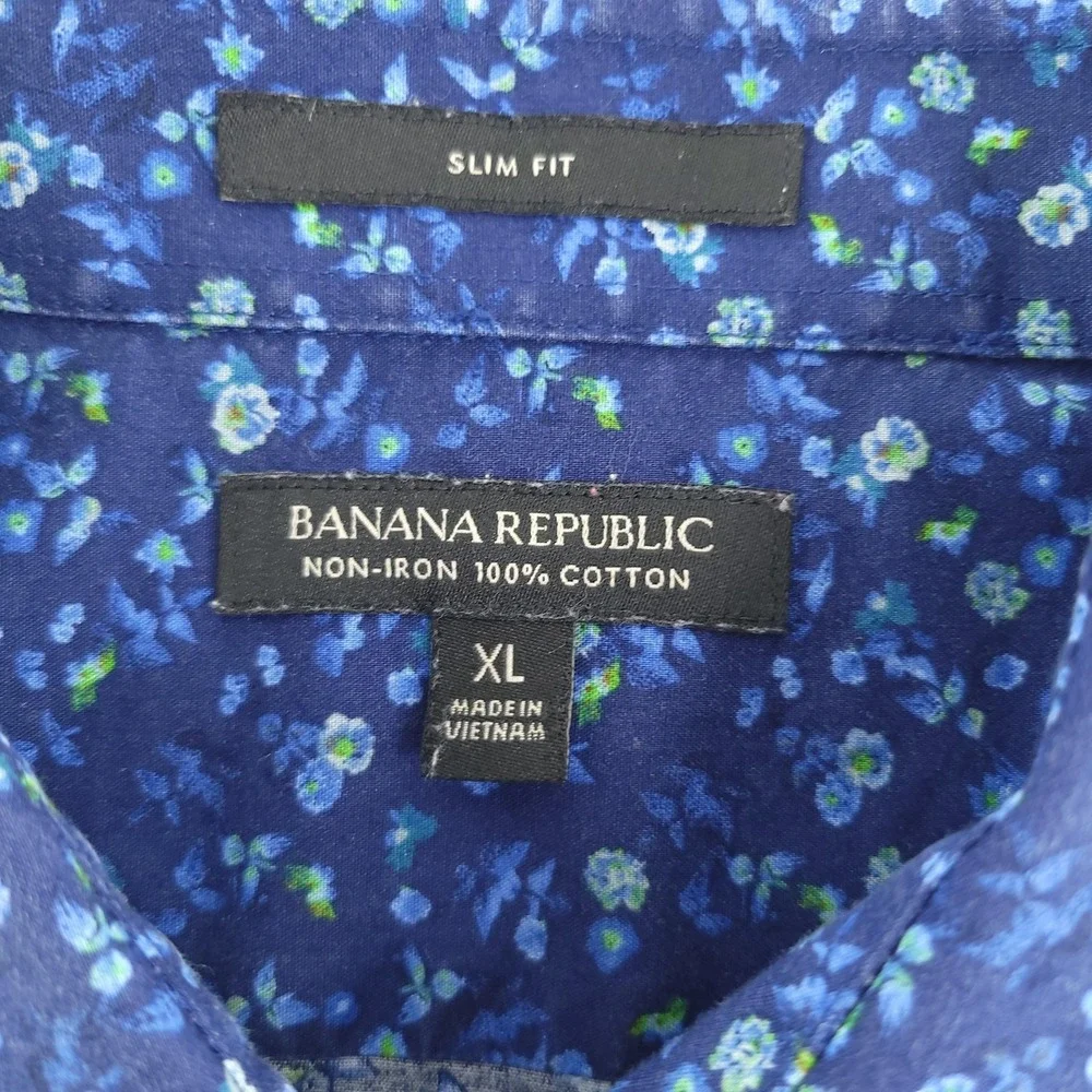 Banana Republic Dress Shirt Mens XL Blue Floral Slim Fit Non Iron Long Sleeve